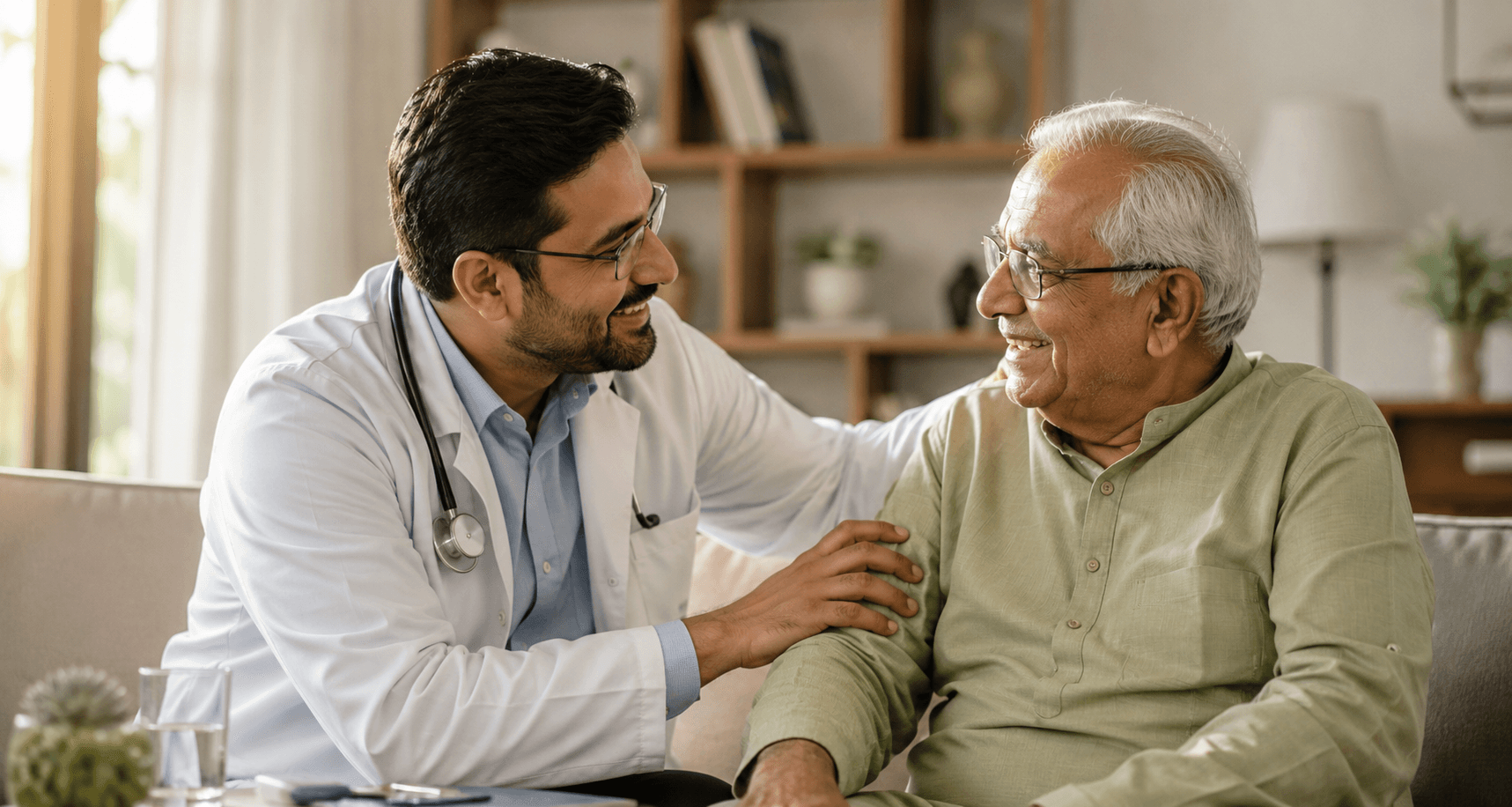 Caring doctor with elderly patient at home
